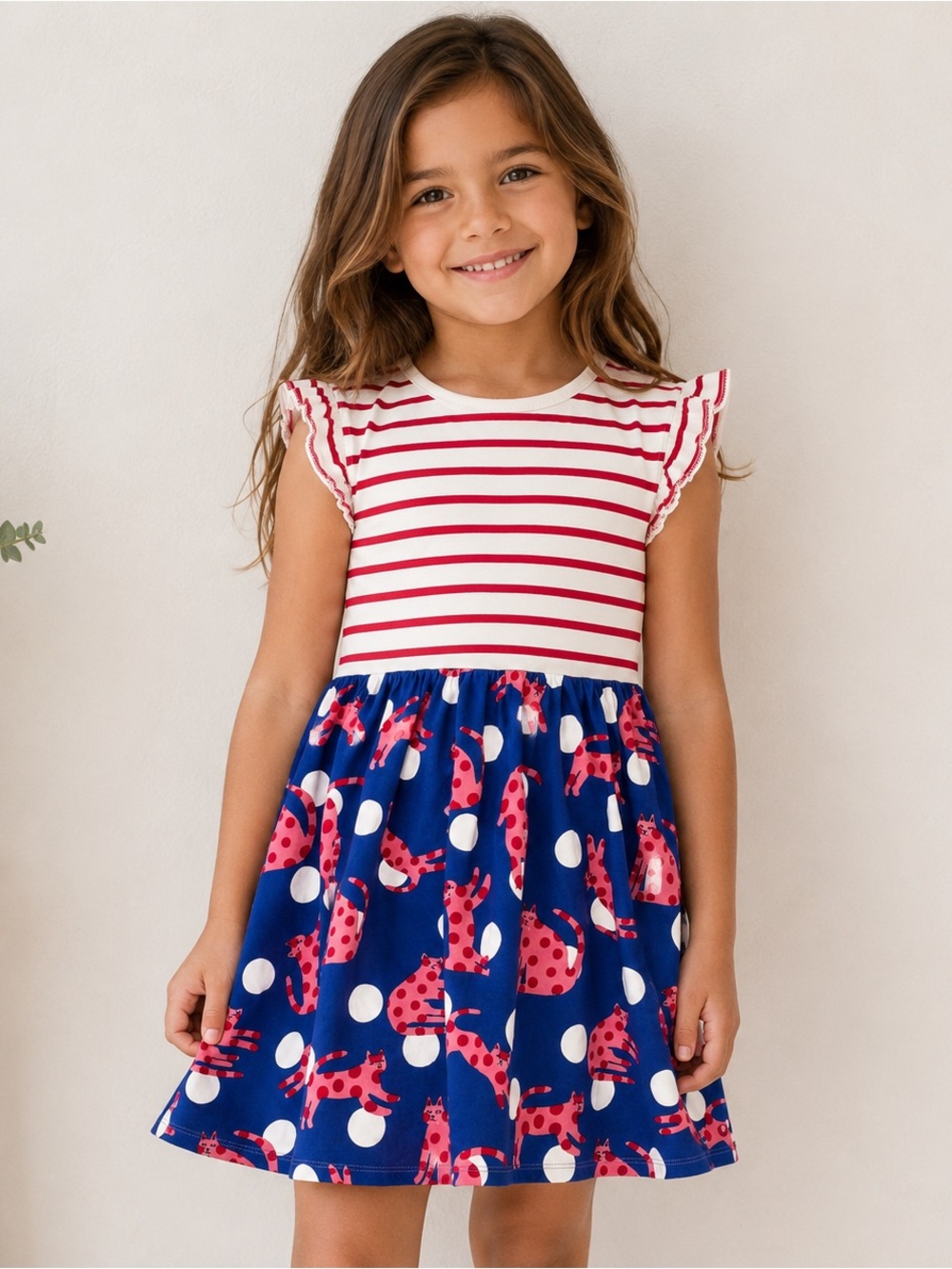 Mini Boden Posie Dress Blue Cat Polka Dot Frill Sleeve 100% Cotton Girls 10-11Y